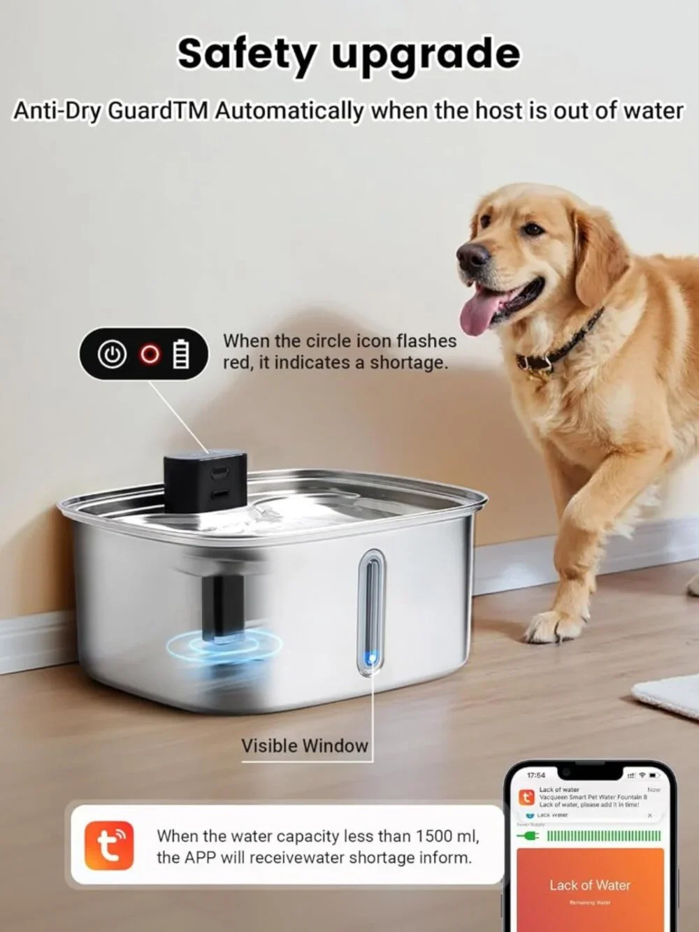 Large 10L Cordless Dog Water Fountain - Stainless Steel, APP Monitoring